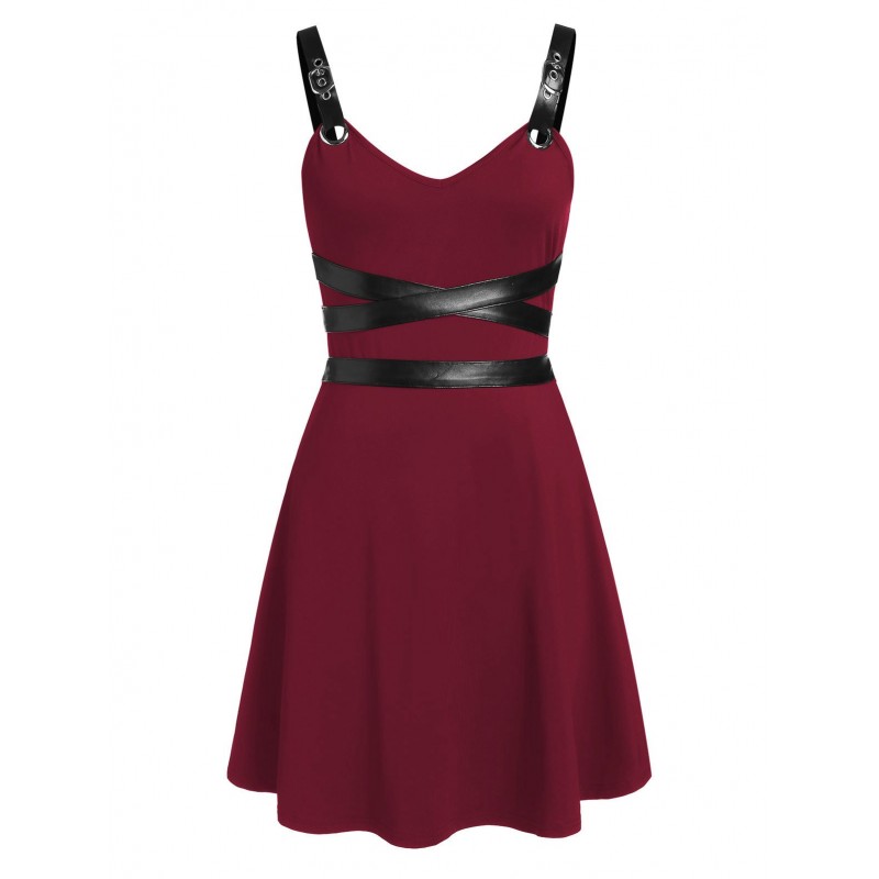 Faux Leather Insert Sleeveless Flare Dress - Red Wine Xl