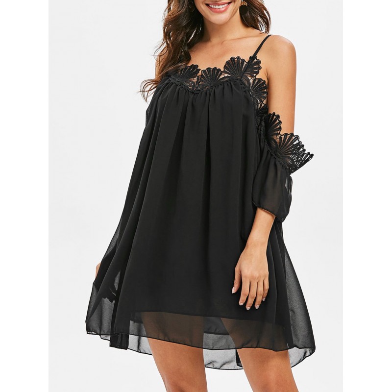 Lace Trim Loose Mini Cami Dress - Black S