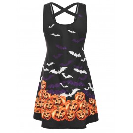Halloween Pumpkin Bat Print Sleeveless Dress -  S