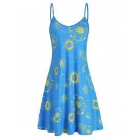 Sun Moon and Star Print Flare Cami Dress - Dodger Blue M
