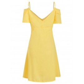 Button Up Spaghetti Strap Cold Shoulder Mini Dress - Yellow M