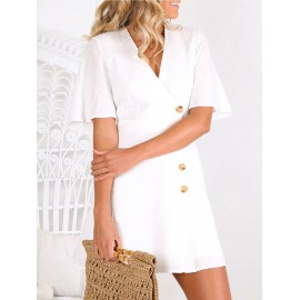 Side Button Low Cut Casual Dress - White M