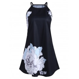 Flower Print Curved Hem Trapeze Dress - Black Xl