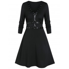 Fit And Flare Long Sleeve Plunge Gothic Dress - Black M