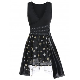 Star Print Faux Leather Insert Sleeveless Asymmetric Dress - Black M