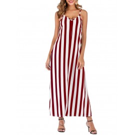 Striped Sleeveless Pocket Casual Dress - Red Wine Xl