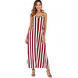 Striped Sleeveless Pocket Casual Dress - Red Wine Xl