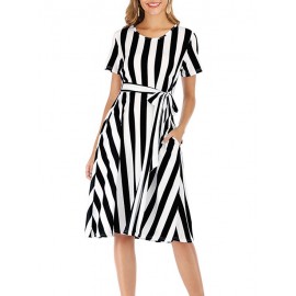 Striped Short Sleeve Pocket Dress - Black L