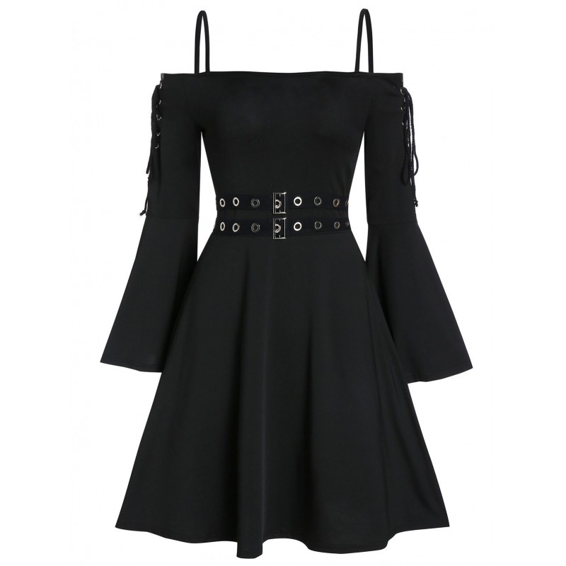 Lace Up Open Shoulder Spaghetti Strap Gothic Dress - Black M