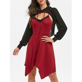 Contrast Cami Asymmetrical Dress with Hooded T Shirt - Red Wine M