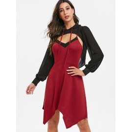 Contrast Cami Asymmetrical Dress with Hooded T Shirt - Red Wine M