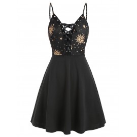 Cami Sun and Moon Lace Up Mini Dress - Black M