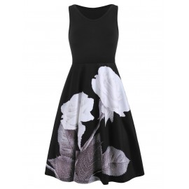 Floral Print Sleeveless Scoop Neck Dress - Black S
