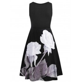 Floral Print Sleeveless Scoop Neck Dress - Black S