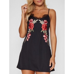 Lace Panel Floral Embroidered Mini Dress - Black S