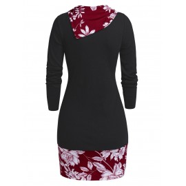 Cowl Neck Button Ditsy Print T Shirt - Red Wine M
