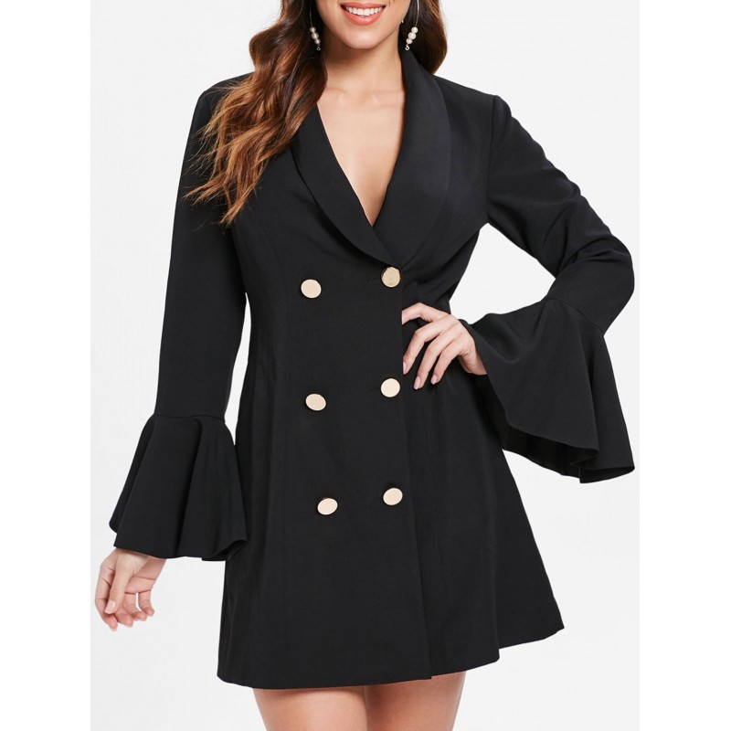 Bell Sleeve Buttoned Front Dress - Black M