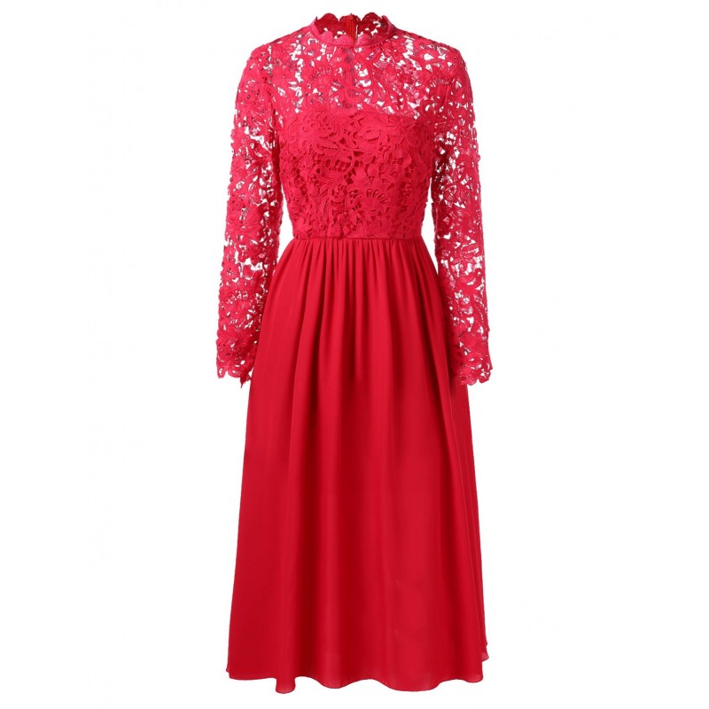 Lace Panel Fit and Flare Long Dress - Red 2xl
