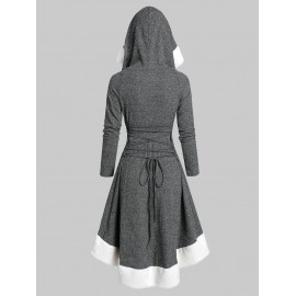 Lace Up Hooded Marled Faux Fur Panel Dress - Dark Gray M