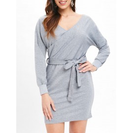 Cut Out Belted Surplice Dress - Light Gray L