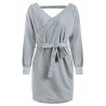 Cut Out Belted Surplice Dress - Light Gray L