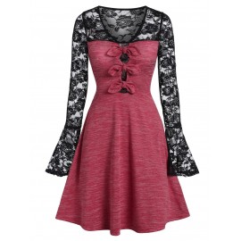 Lace Insert Bowknot Space Dye Dress - Cherry Red M