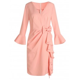 Flare Sleeve Bowknot Ruffle Dress - Orange Pink Xl
