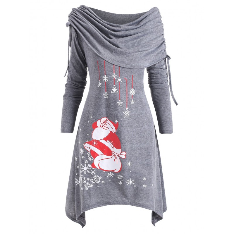 Christmas Santa Claus Cinched Off Shoulder Asymmetrical Dress - Gray S