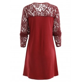 Ruched Bust Long Sleeve Lace Panel Dress - Red Wine S
