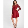 Ruched Bust Long Sleeve Lace Panel Dress - Red Wine S