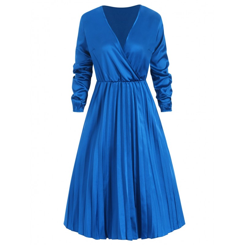 V Neck Satin Long Sleeves Pleated Dress - Blue S
