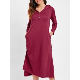 Half Button Hooded Tunic Dress - Red M