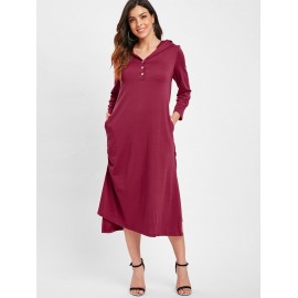 Half Button Hooded Tunic Dress - Red M