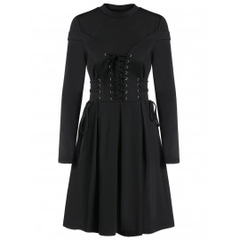 Long Sleeve Lace-up A Line Pleated Gothic Dress - Black M