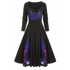 Galaxy Print Bowknot Buttoned Long Sleeve Dress - Black S