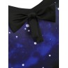Galaxy Print Bowknot Buttoned Long Sleeve Dress - Black S