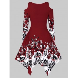 Open Shoulder Floral Print Cut Out Dress - Red Wine M
