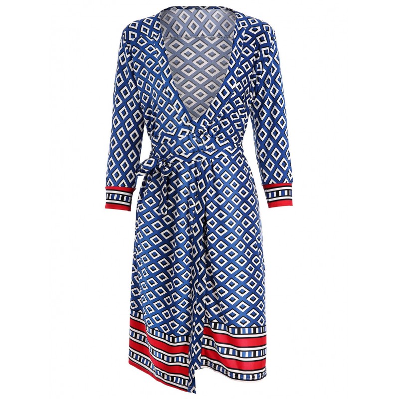 Geometric Print Wrap Dress - Blue S