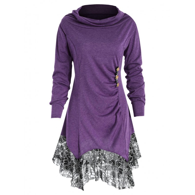 Long Sleeve Cowl Neck Tunic T-shirt - Purple Iris M