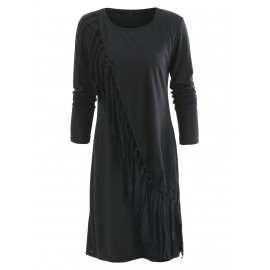 Fringe Asymmetrical Hem Mini Dress - Black S