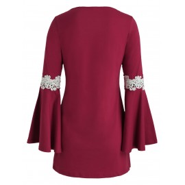 Crochet Front Flare Sleeve Short Dress - Red Wine S