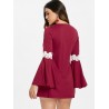 Crochet Front Flare Sleeve Short Dress - Red Wine S