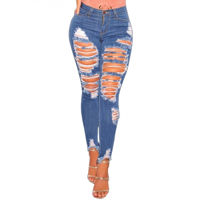 Womens Casual Destroyed Ripped Distressed Skinny Denim Jeans - Blue S