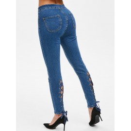 Lace Up High Rise Skinny Jeans - Denim Dark Blue S