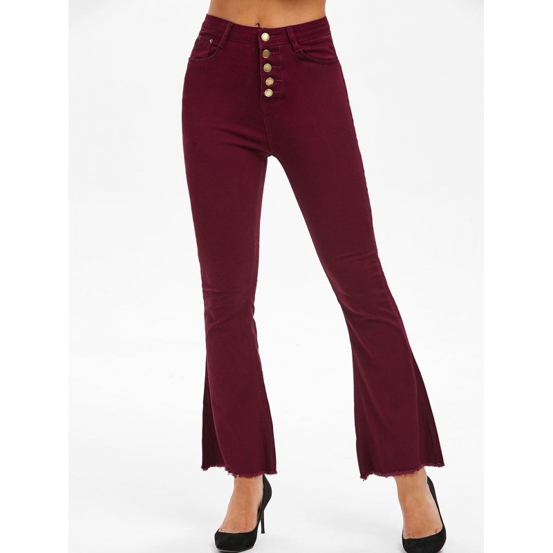 High Waisted Frayed Boot Cut Pants - Red Wine S