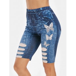 Butterfly 3D Jean Print High Waisted Cycling Shorts - Midnight Blue S