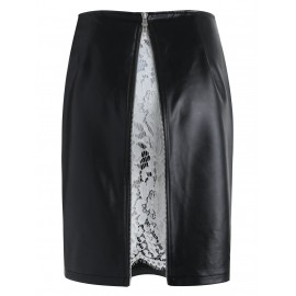 High Waist Lace Insert Faux Leather Skirt - Black M