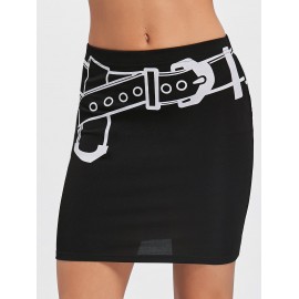 Belt Illusion Graphic Fitted Skirt - Black Xl