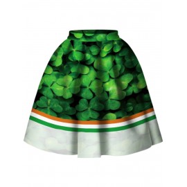 3D Leaf Print A Line Skirt - Green S