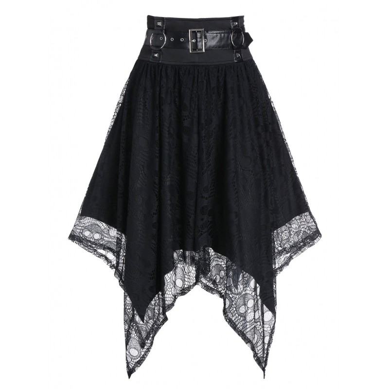 Harness Insert Halloween Skull Pattern Lace Handkerchief Gothic Skirt - Black L